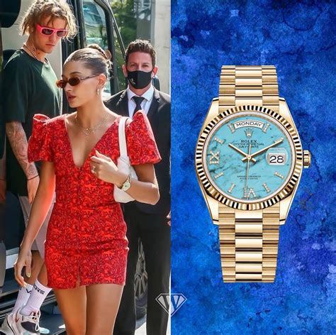 Hailey Bieber with her golden Rolex Datejust.